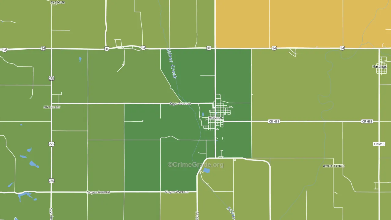 Malvern, IA Map of Vandalism Rates