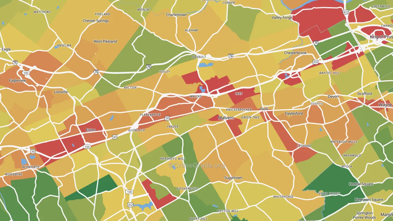 Malvern, PA Map of Vandalism Rates