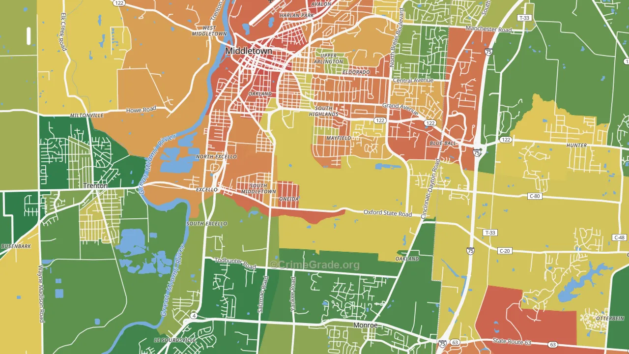 Middletown, OH Map of Vandalism Rates