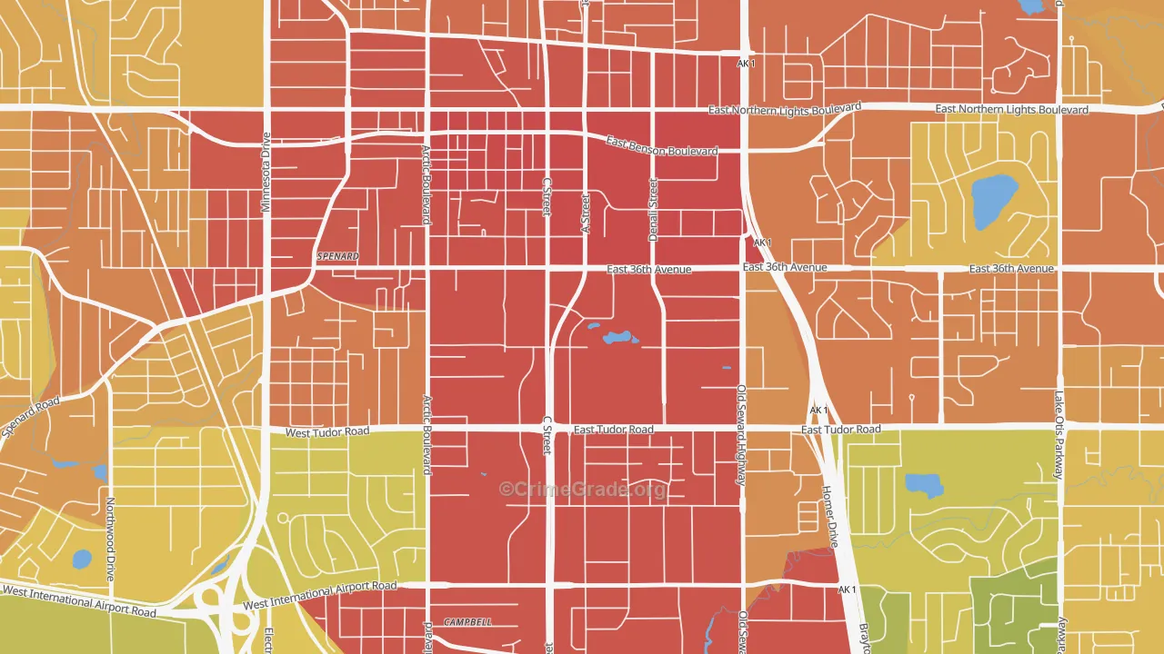 Midtown, Anchorage, AK Map of Vandalism Rates