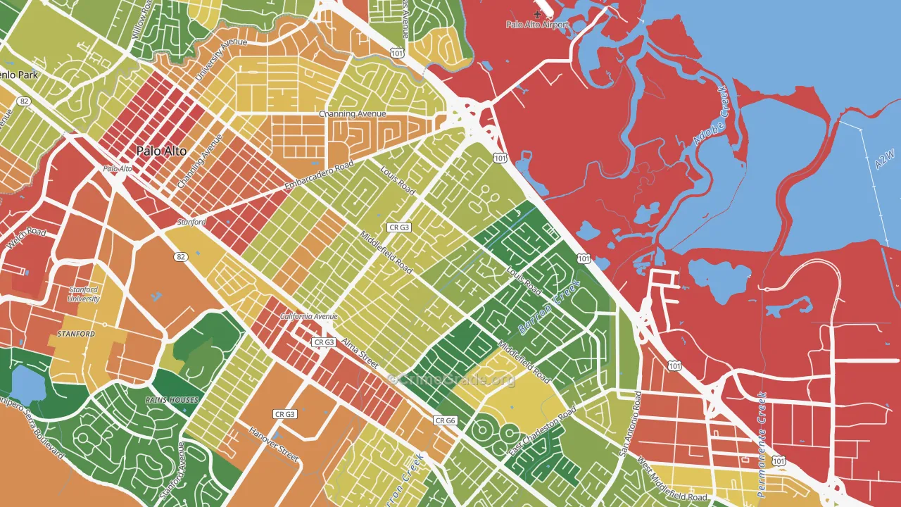 Midtown-San Jose, Palo Alto, CA Map of Vandalism Rates