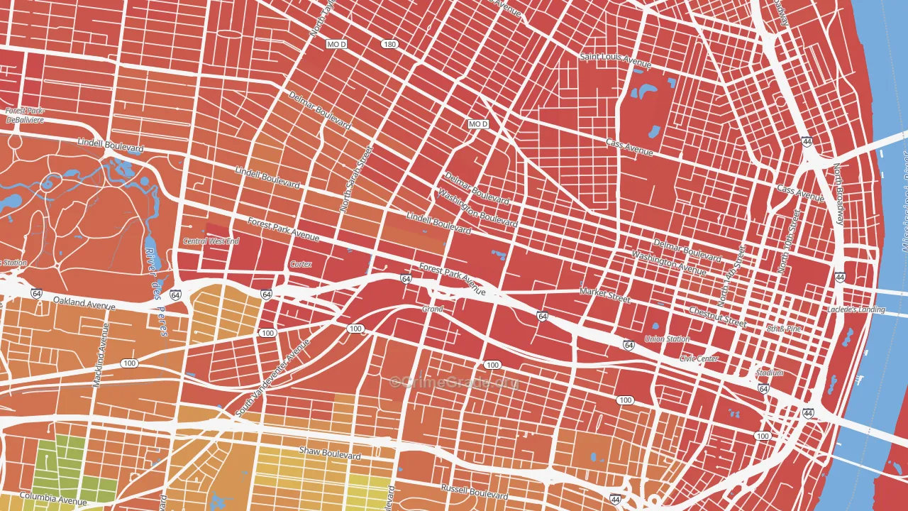 Midtown St. Louis, St. Louis, MO Map of Vandalism Rates