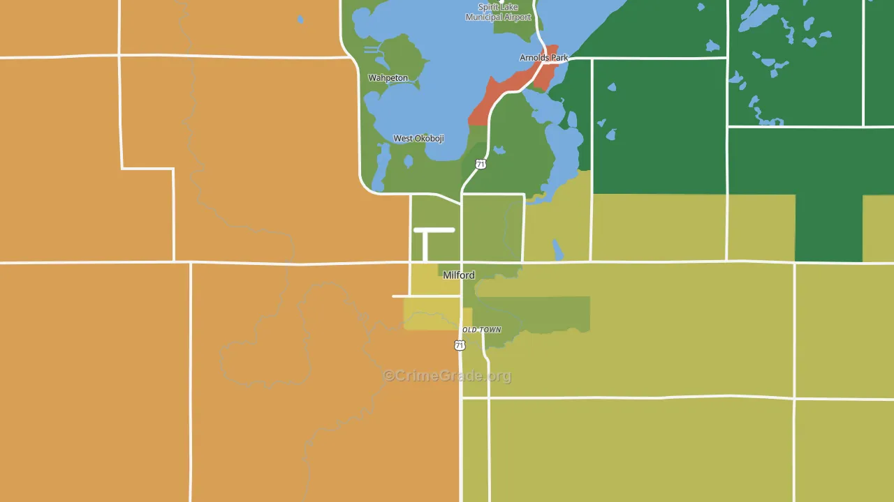 Milford, IA Map of Vandalism Rates