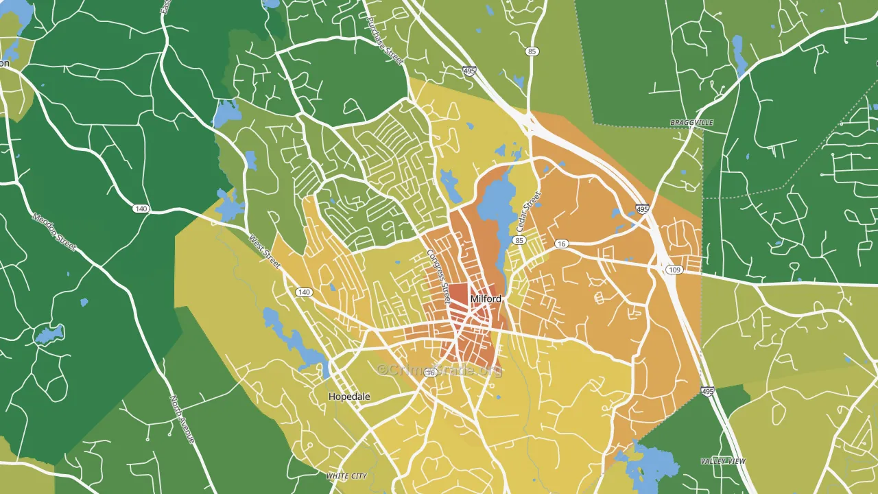 Milford, MA Map of Vandalism Rates