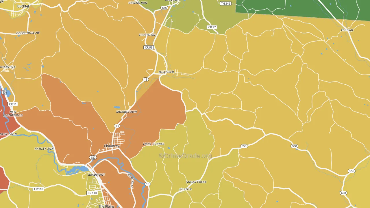 Millfield, OH Map of Vandalism Rates
