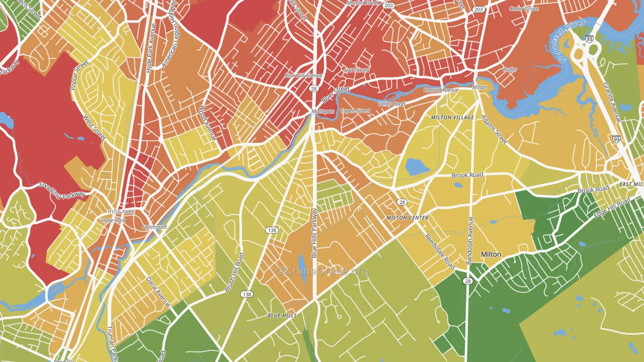 Milton Upper Mills, Milton, MA Map of Vandalism Rates