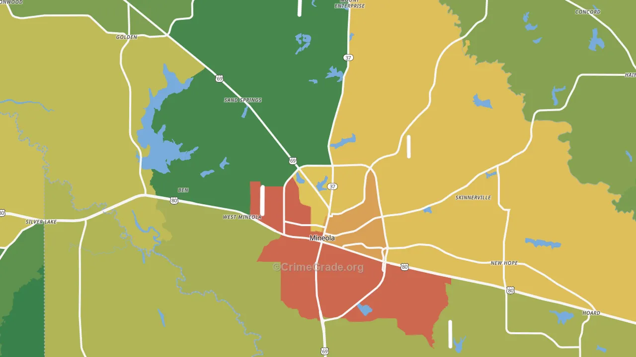 Mineola, TX Map of Vandalism Rates