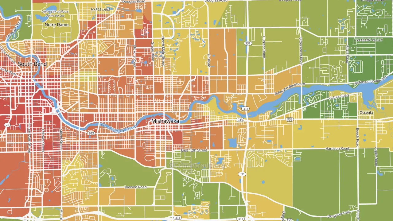 Mishawaka, IN Map of Vandalism Rates