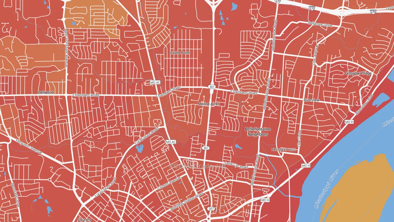 Moline Acres, MO Map of Vandalism Rates