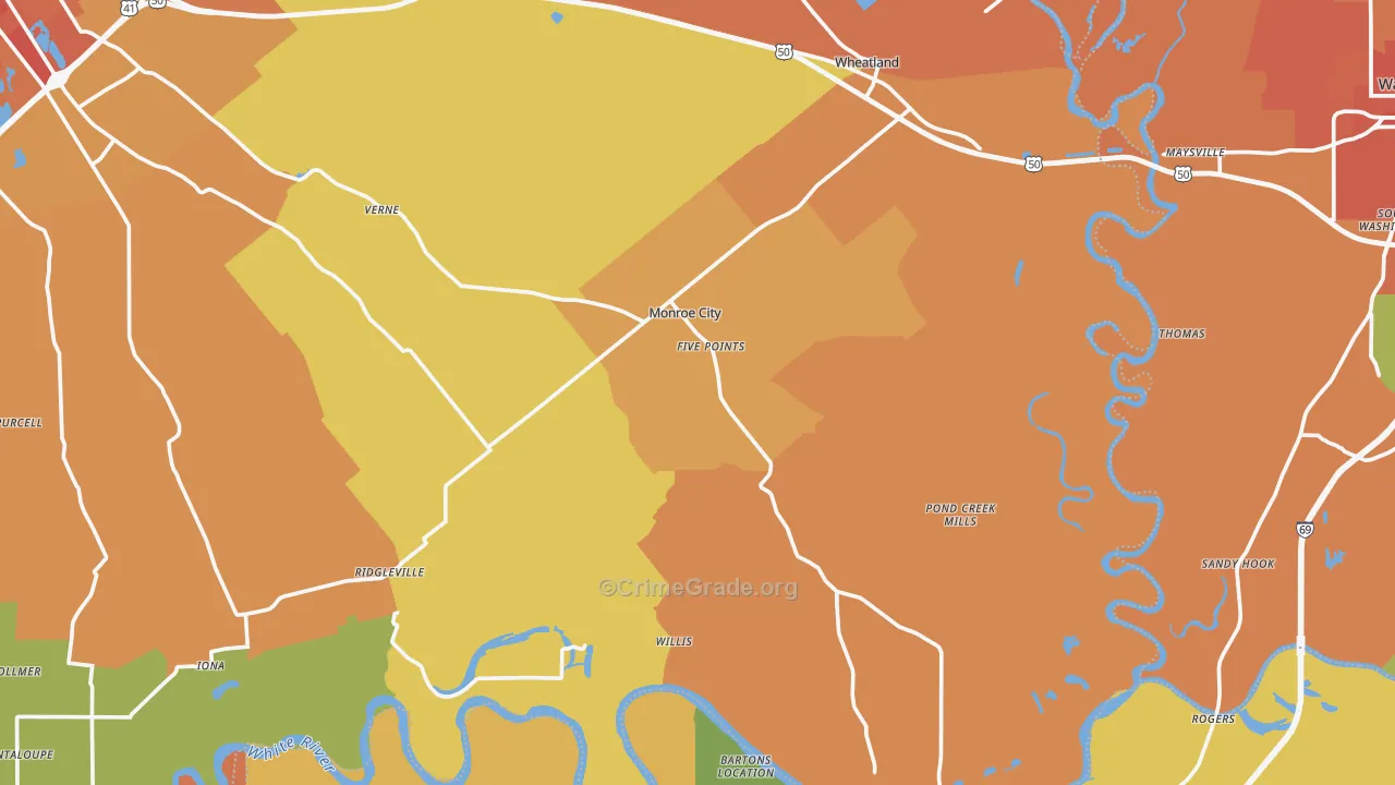 Monroe City, IN Map of Vandalism Rates