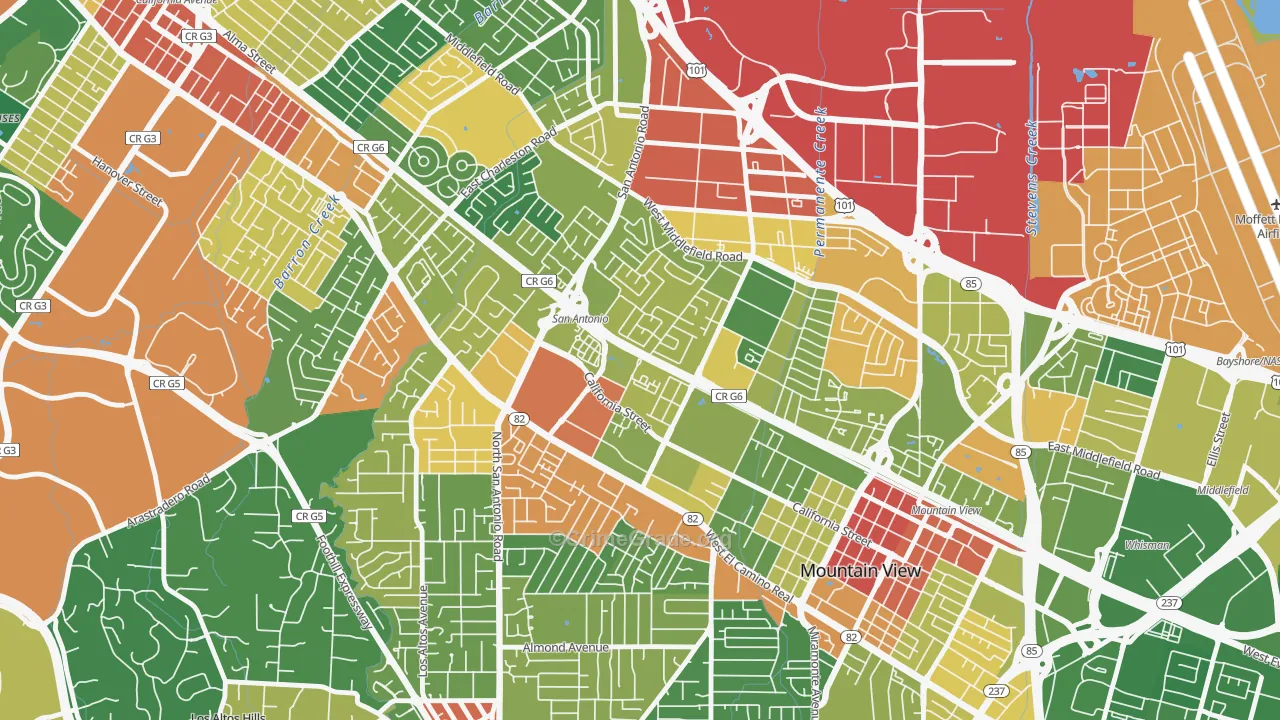 Monta Loma, Mountain View, CA Map of Vandalism Rates
