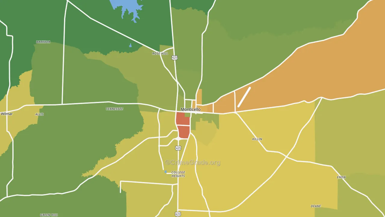 Monticello, AR Map of Vandalism Rates