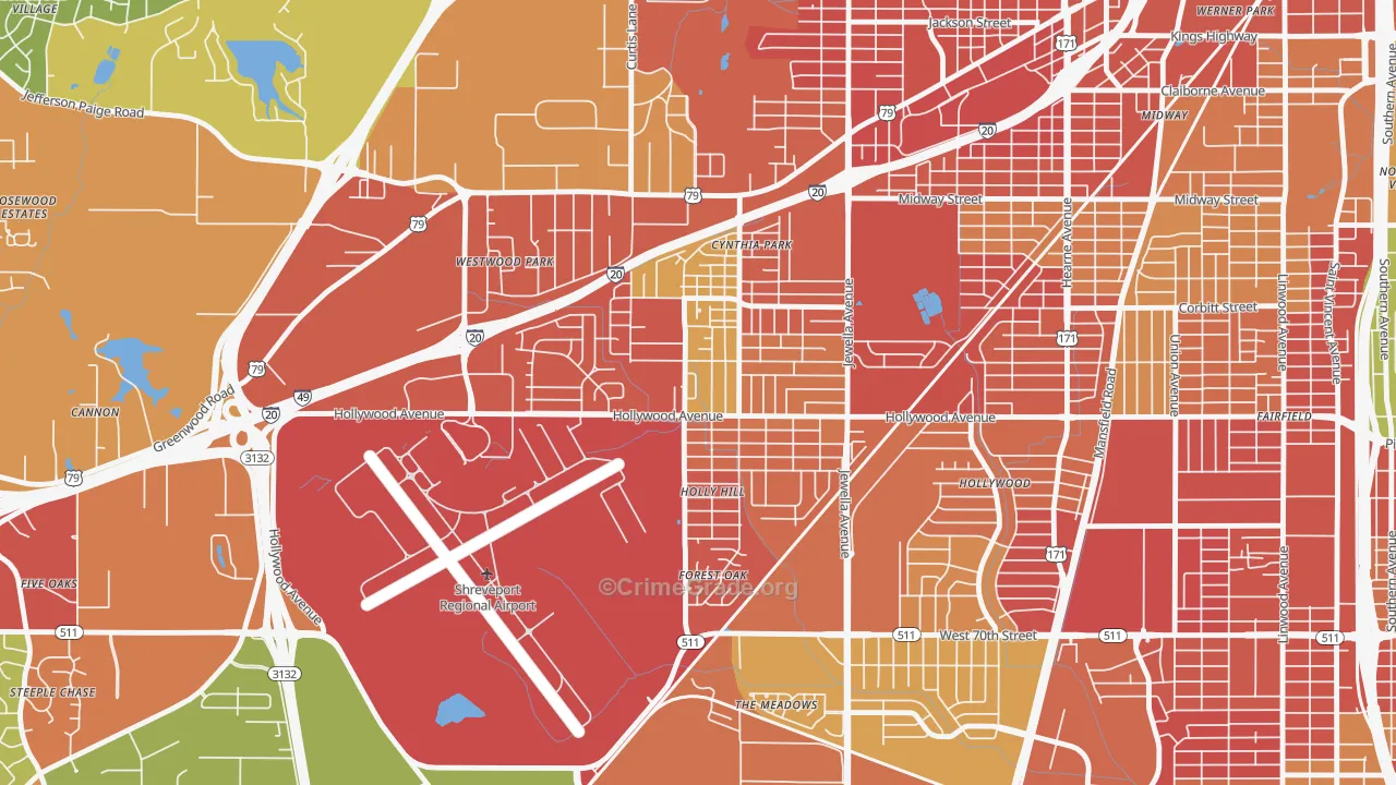 Mooretown and Hollywood Heights, Shreveport, LA Map of Vandalism Rates