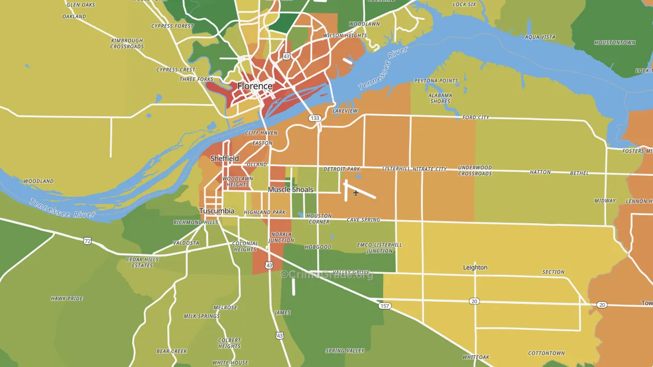 Muscle Shoals, AL Map of Vandalism Rates
