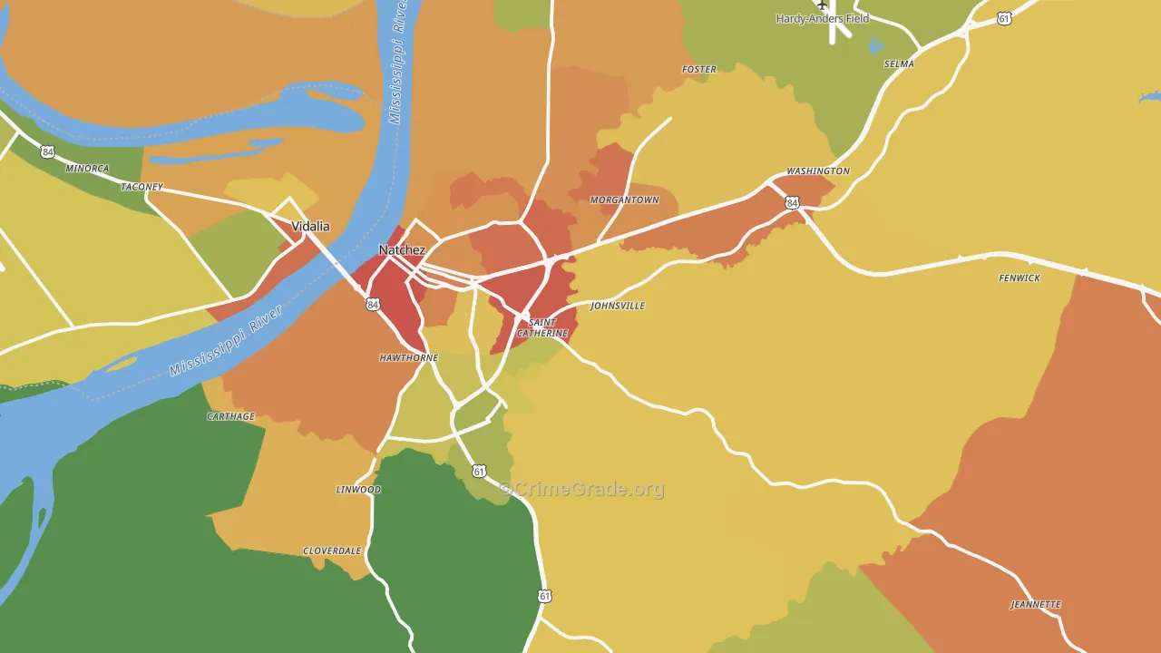 Natchez, MS Map of Vandalism Rates