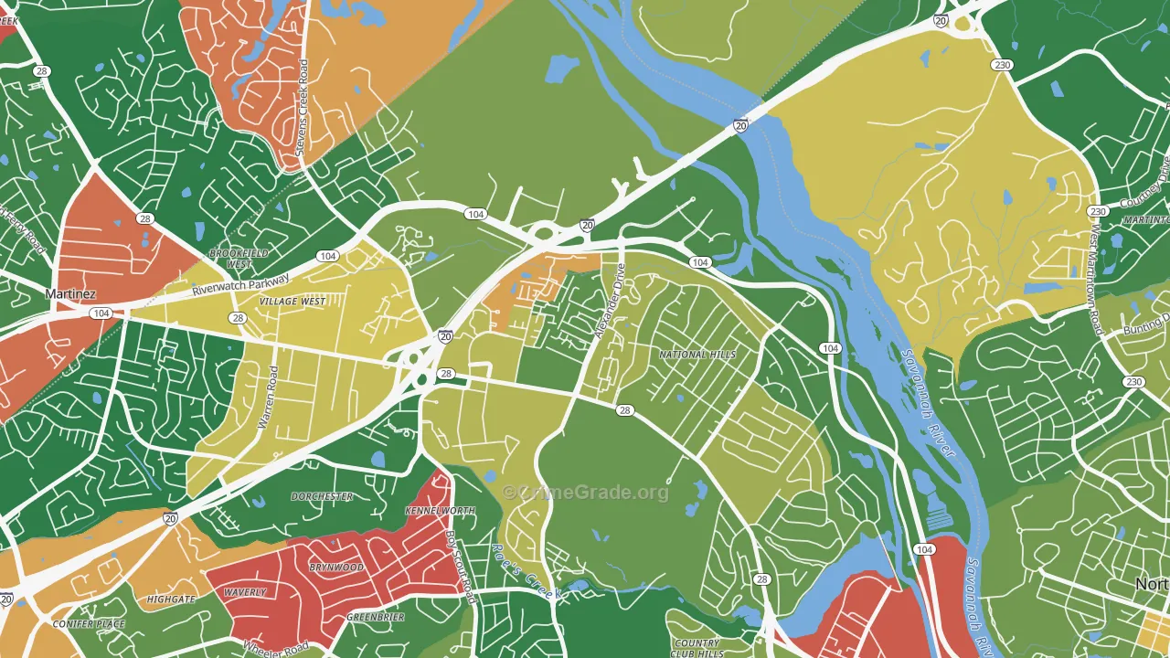 National Hills, Augusta, GA Map of Vandalism Rates