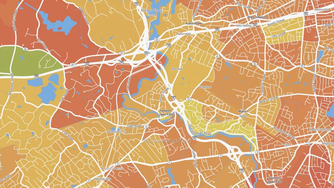 Newton Lower Falls, MA Map of Vandalism Rates