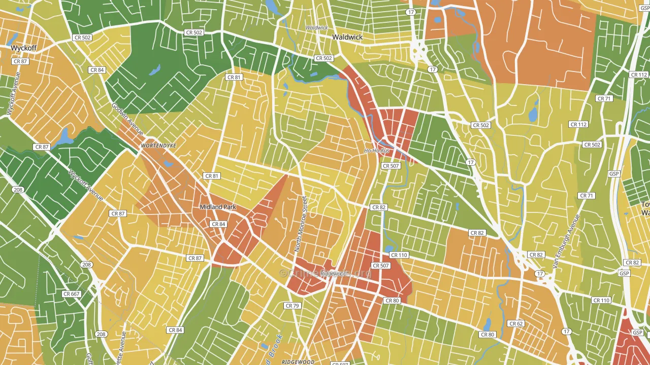 Northwest Ridgewood, Ridgewood, NJ Map of Vandalism Rates