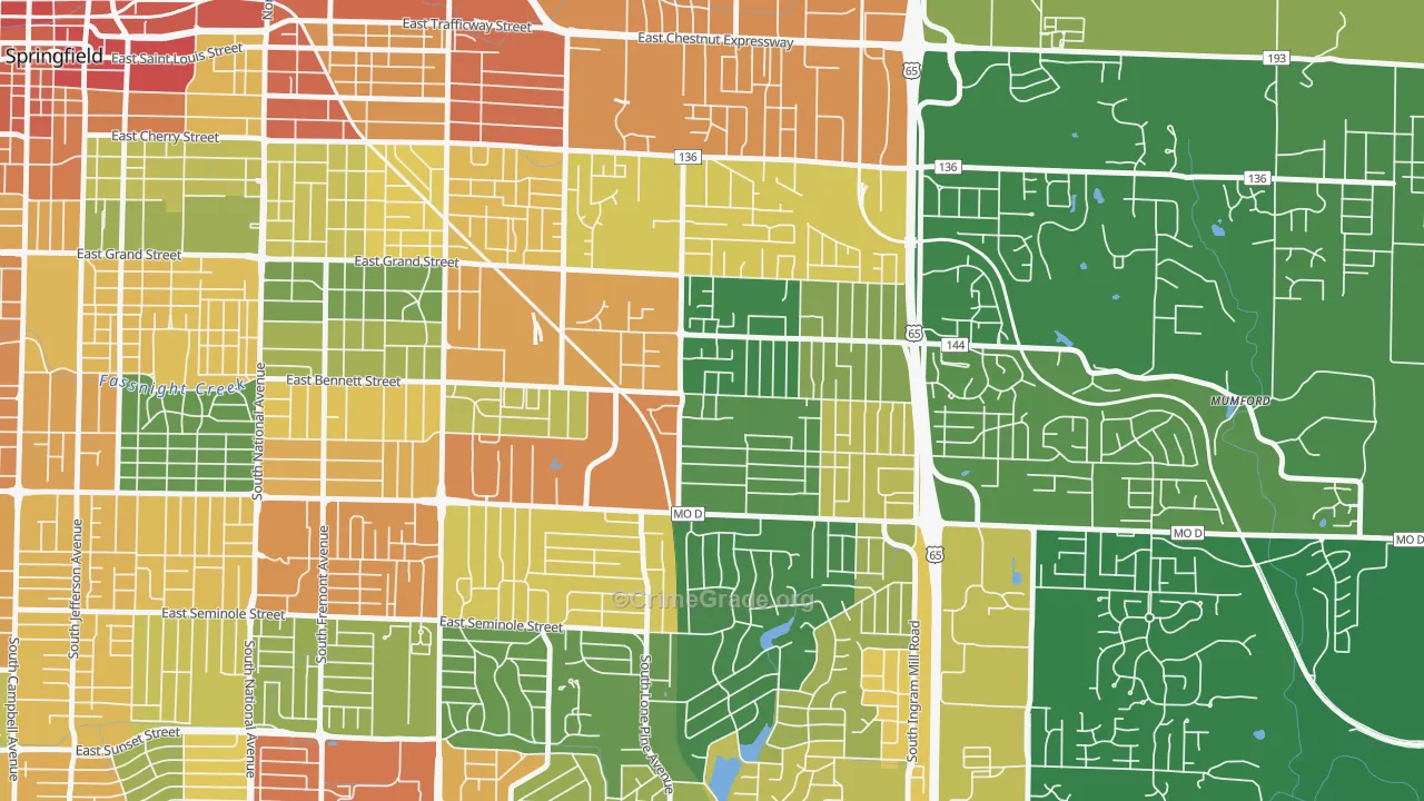 Oak Grove, Springfield, MO Map of Vandalism Rates