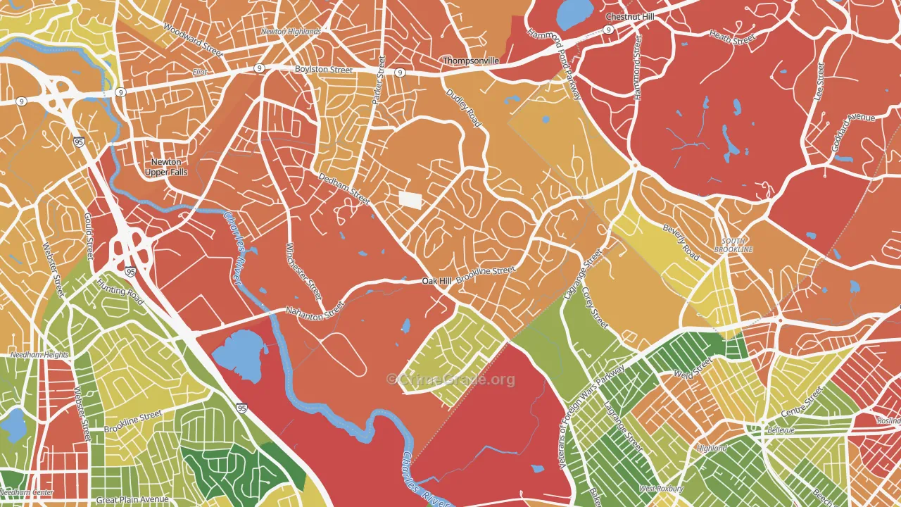 Oak Hill, Newton Center, MA Map of Vandalism Rates