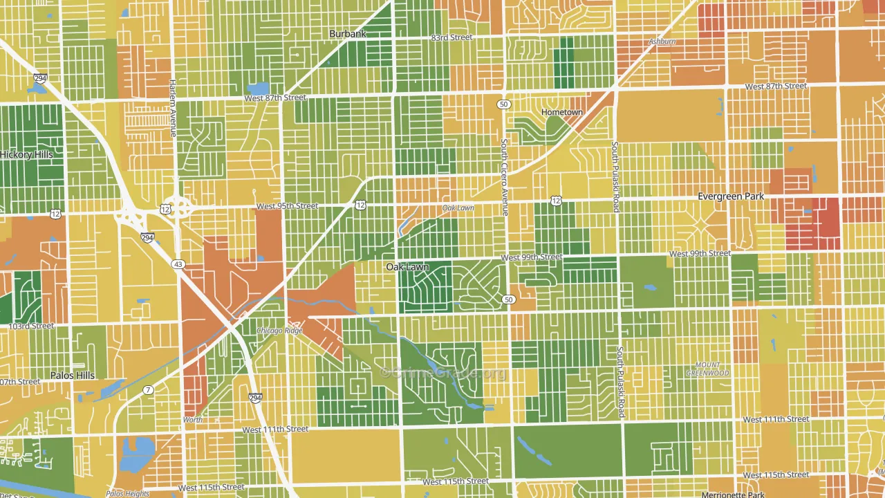 Oak Lawn, IL Map of Vandalism Rates