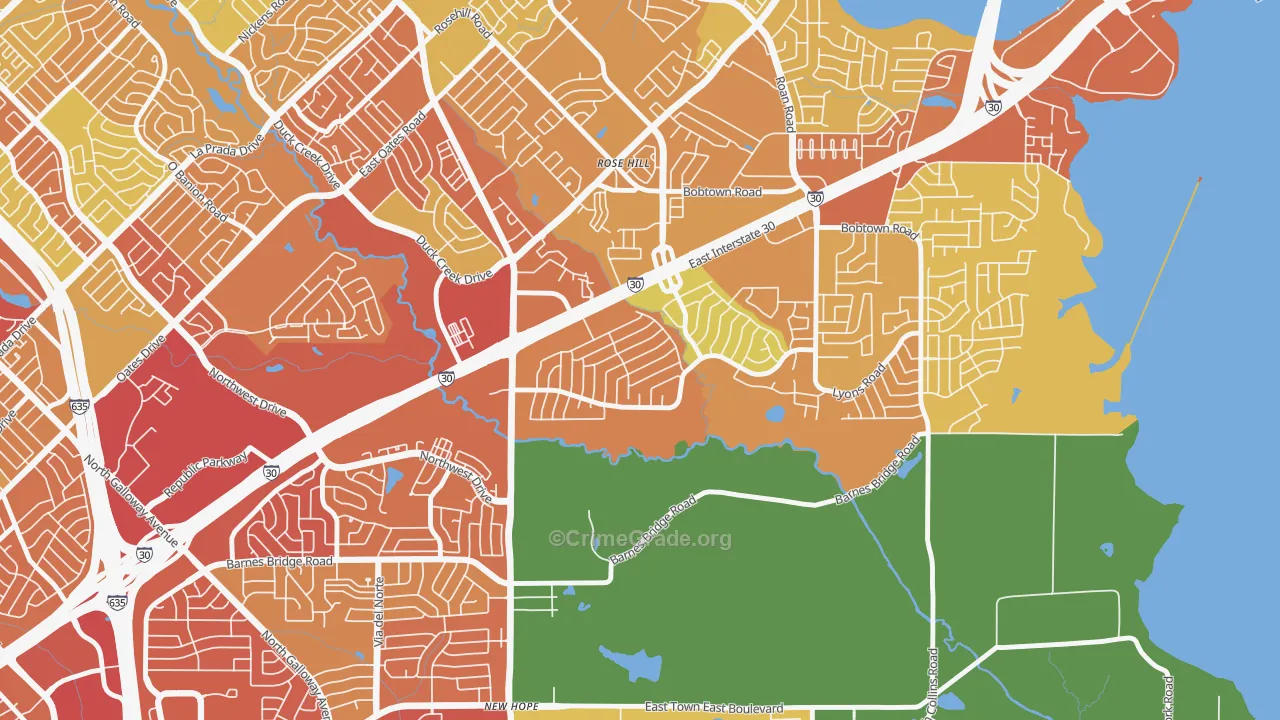 Oaks, Garland, TX Map of Vandalism Rates