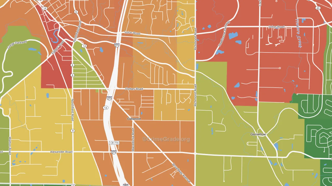 oakwood, Bedford, OH Map of Vandalism Rates