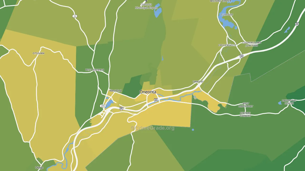 Oneonta, NY Map of Vandalism Rates