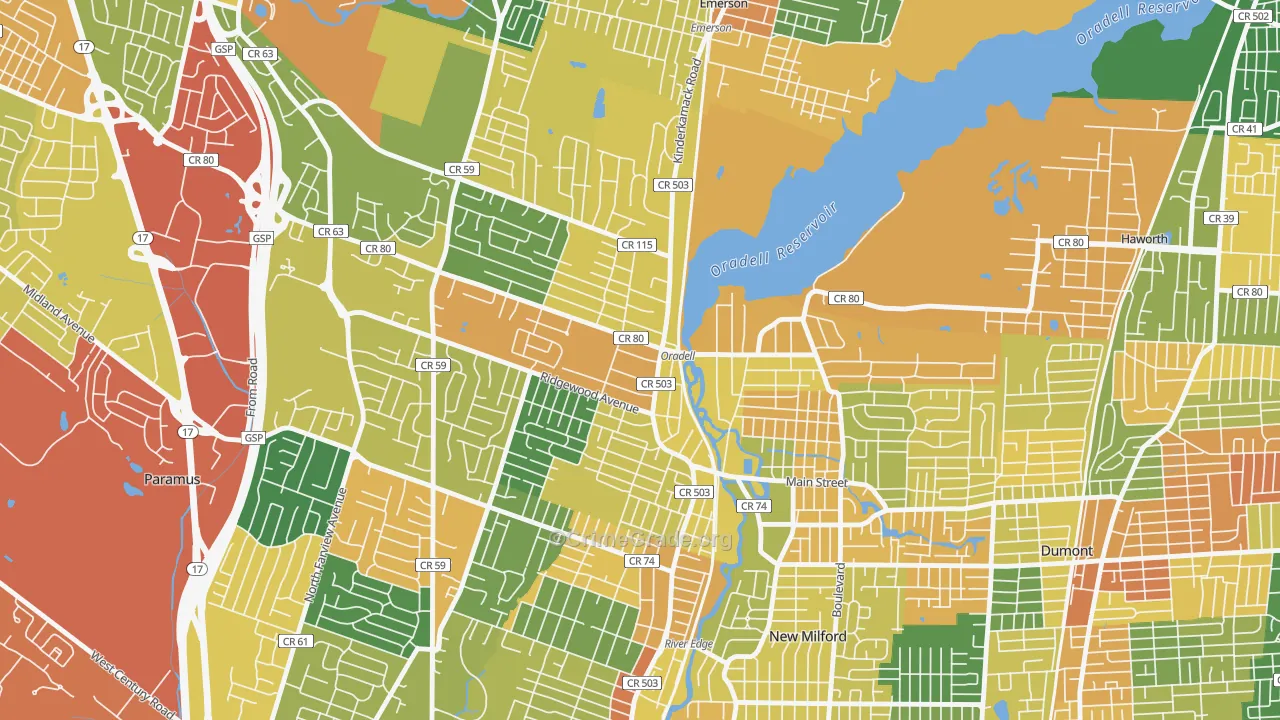 Oradell, NJ Map of Vandalism Rates