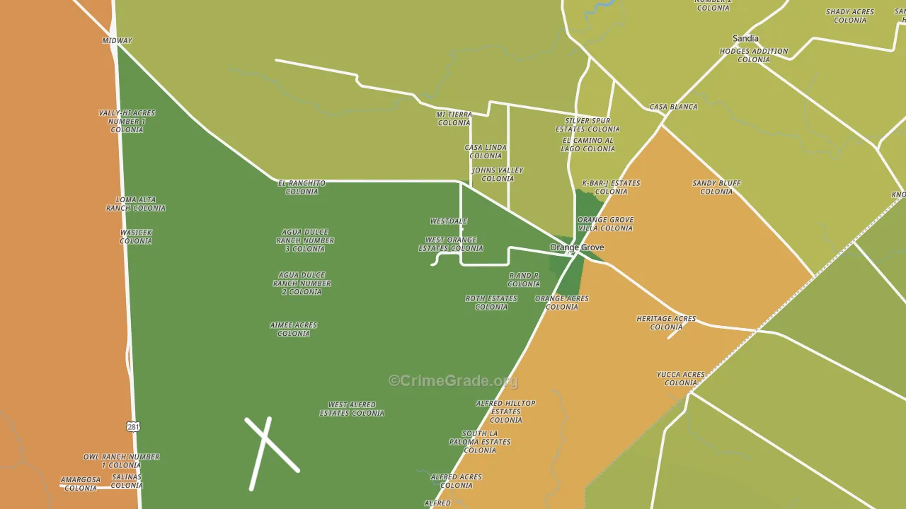 Orange Grove, TX Map of Vandalism Rates