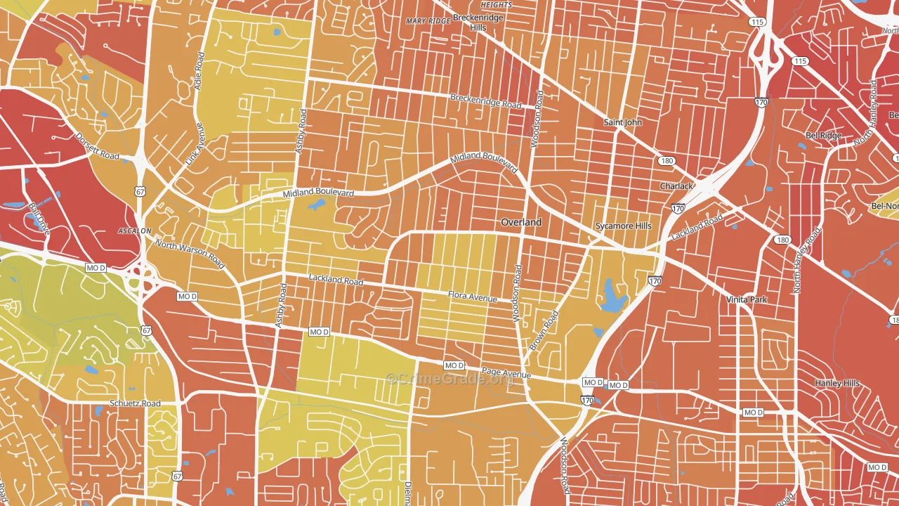 Overland, MO Map of Vandalism Rates