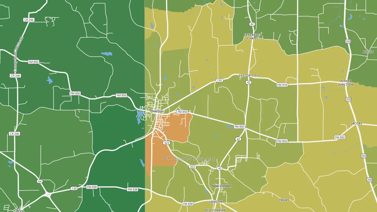 Overton, TX Map of Vandalism Rates
