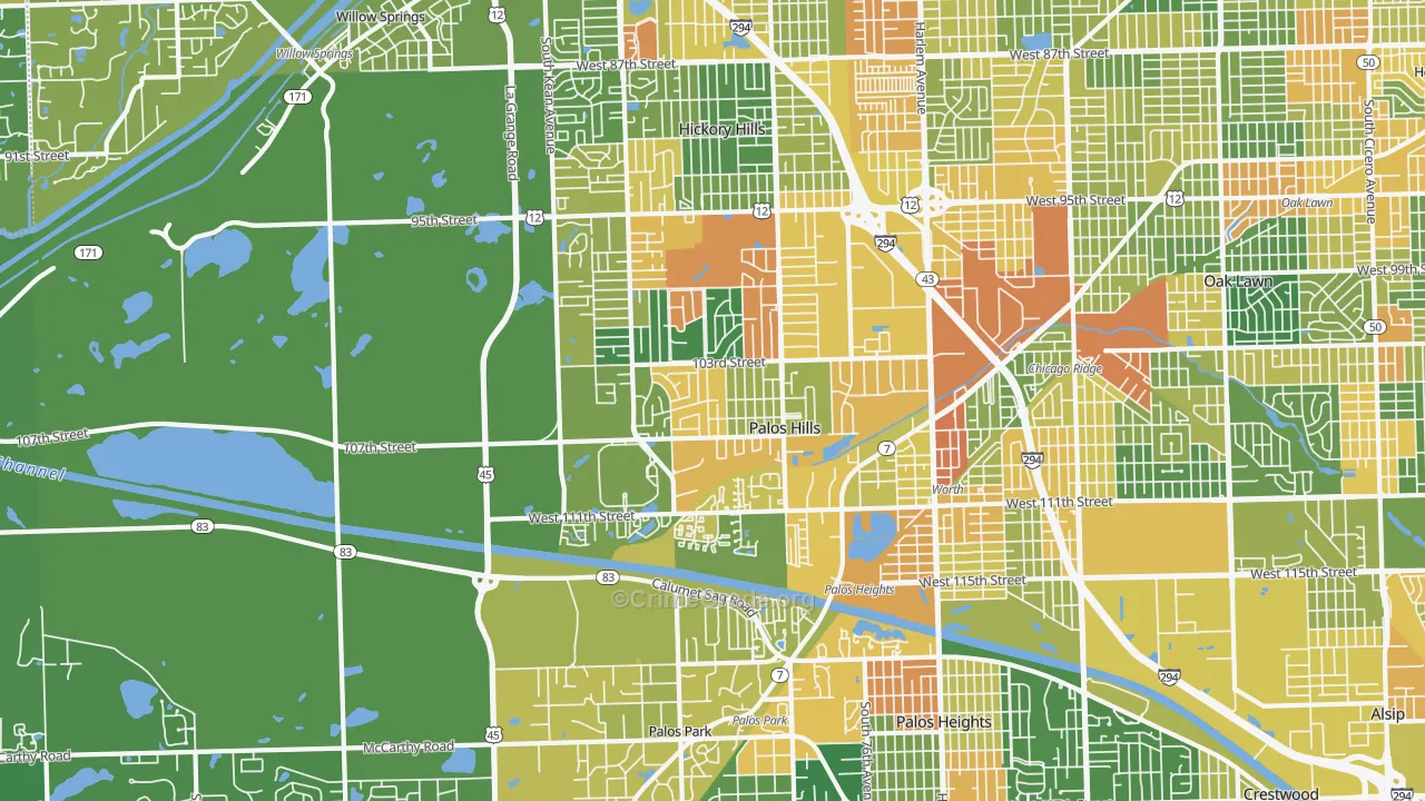 Palos Hills, IL Map of Vandalism Rates
