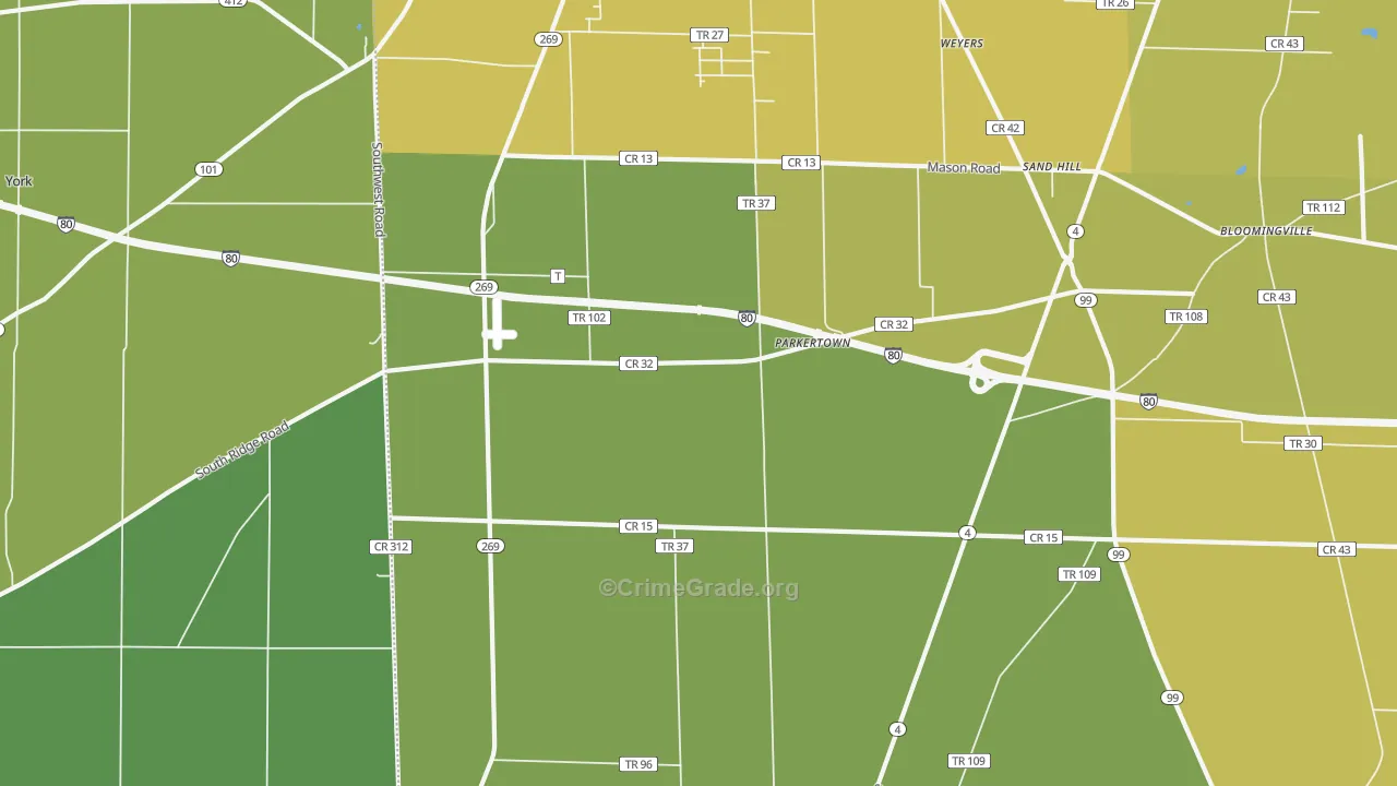 Parkertown, OH Map of Vandalism Rates