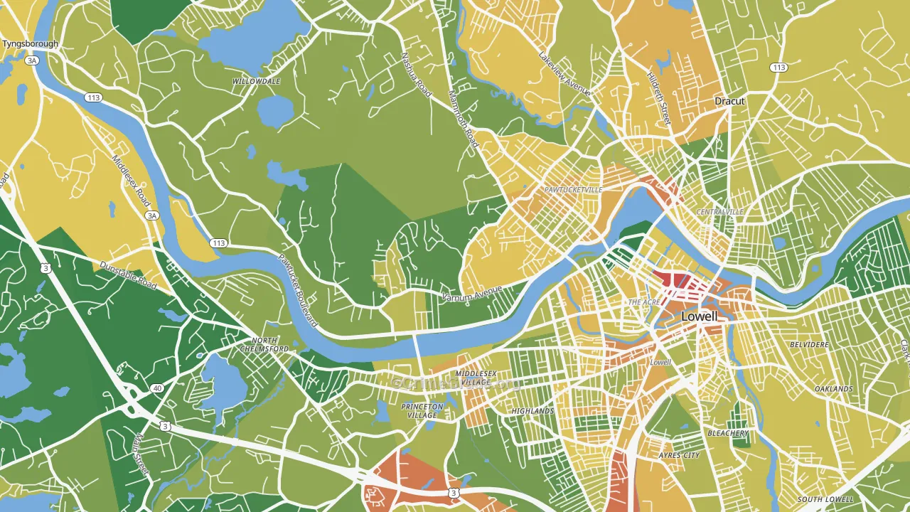 Pawtucketville, Lowell, MA Map of Vandalism Rates