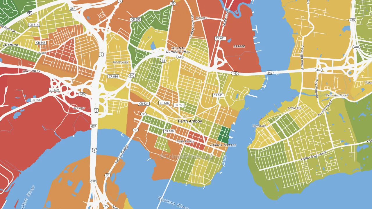 Perth Amboy, NJ Map of Vandalism Rates