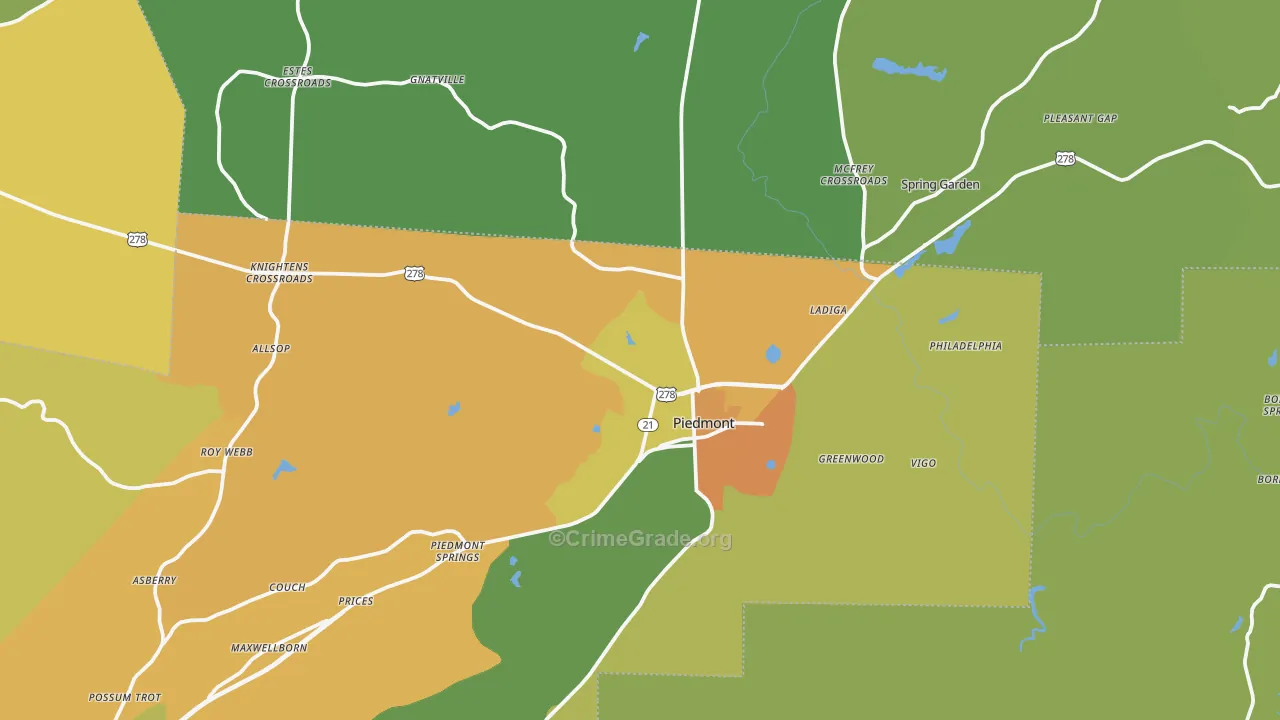 Piedmont, AL Map of Vandalism Rates