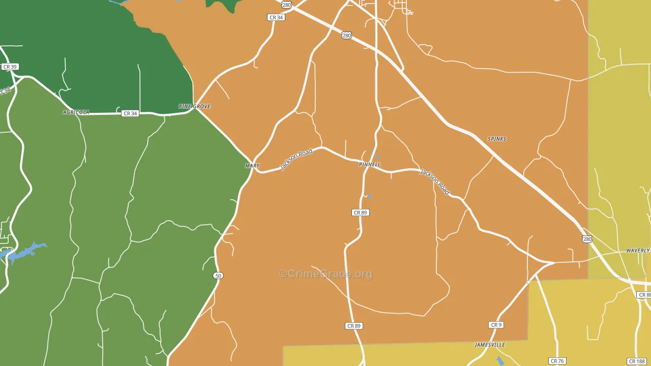 Pinnell, AL Map of Vandalism Rates