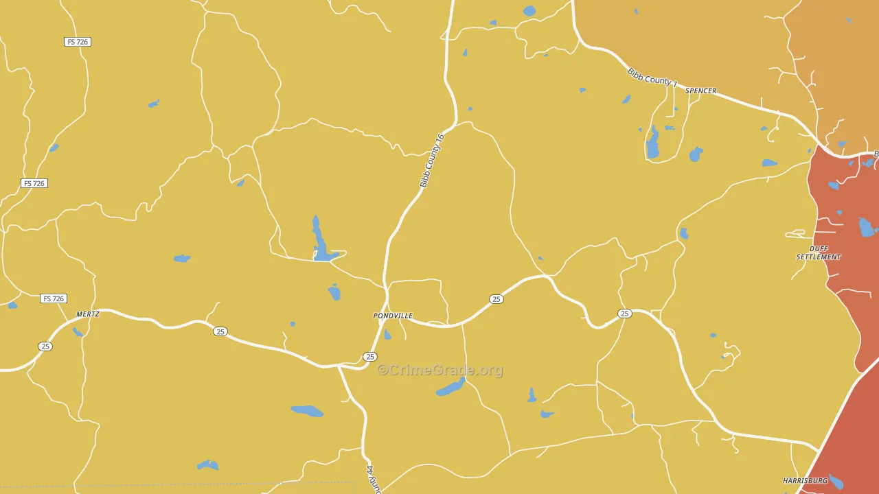 Pondville, AL Map of Vandalism Rates