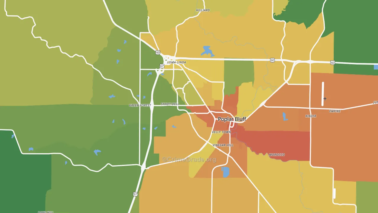 Poplar Bluff, MO Map of Vandalism Rates