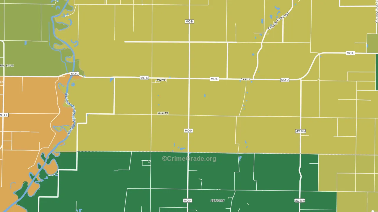 Powe, MO Map of Vandalism Rates