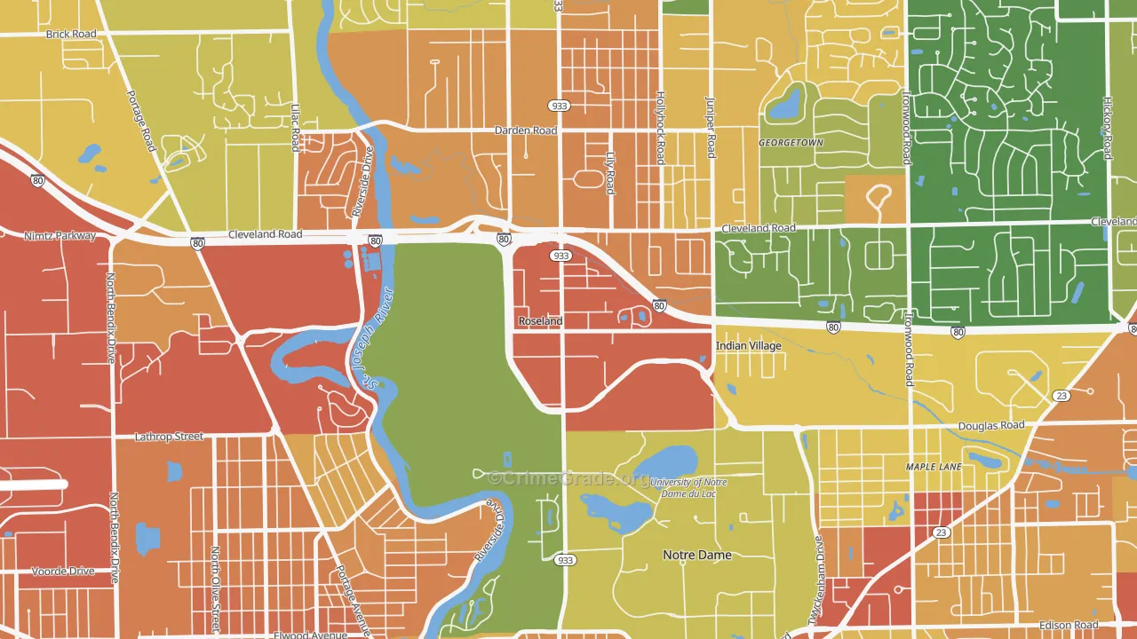 Roseland, IN Map of Vandalism Rates