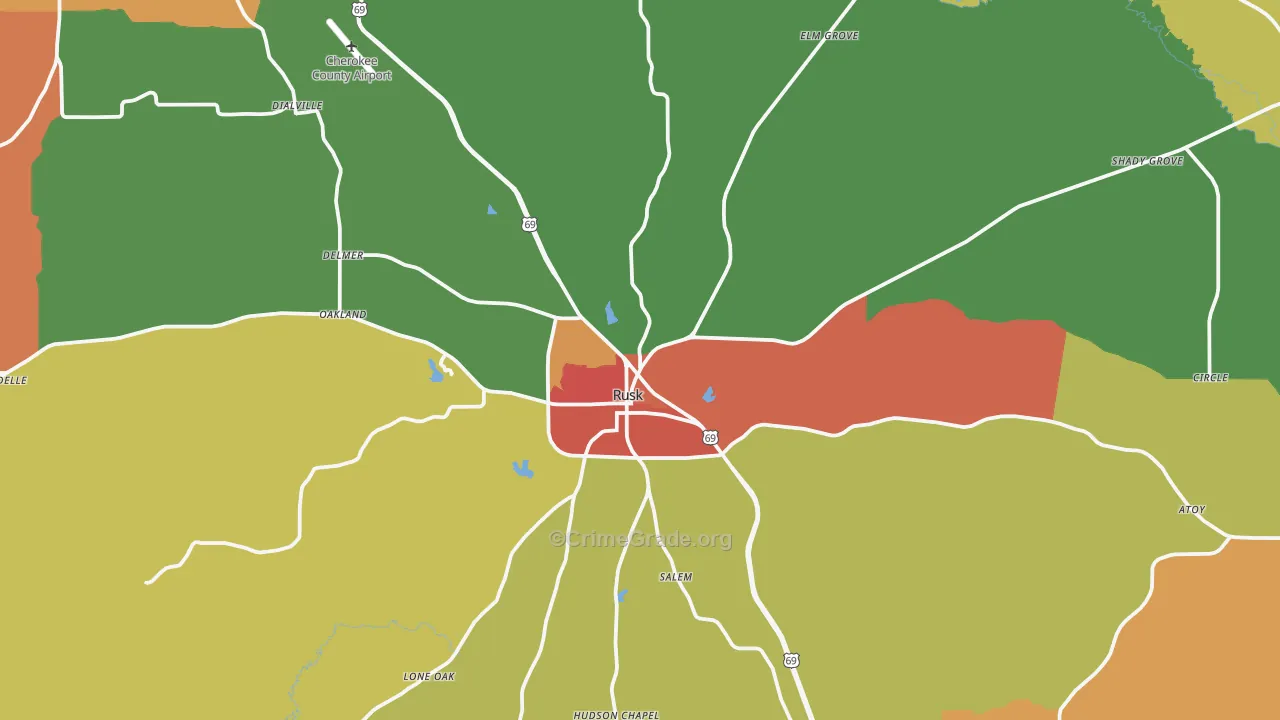Rusk, TX Map of Vandalism Rates