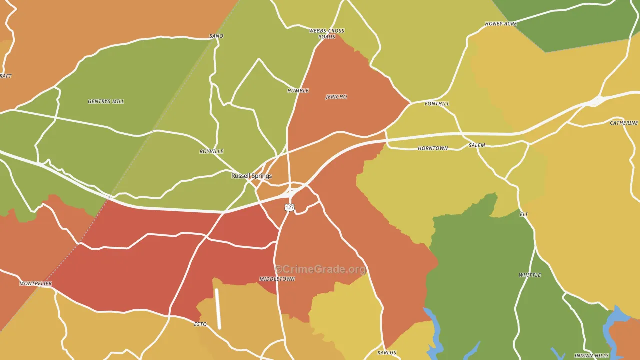 Russell Springs, KY Map of Vandalism Rates