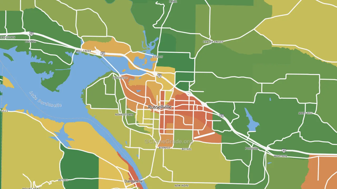 Russellville, AR Map of Vandalism Rates