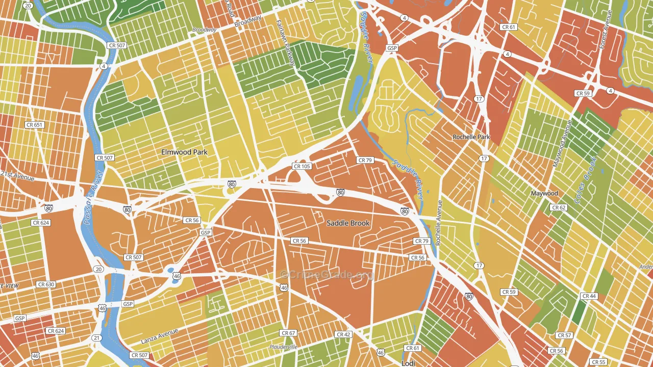 Saddle Brook, NJ Map of Vandalism Rates