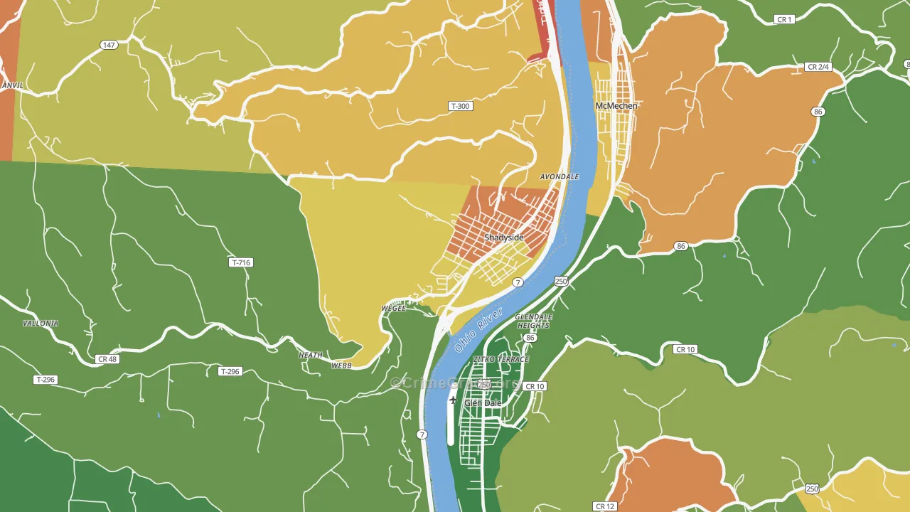Shadyside, OH Map of Vandalism Rates