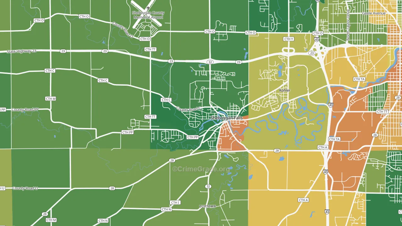 Sheboygan Falls, WI Map of Vandalism Rates