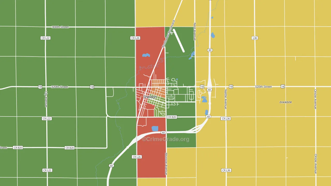 Sheldon, IA Map of Vandalism Rates