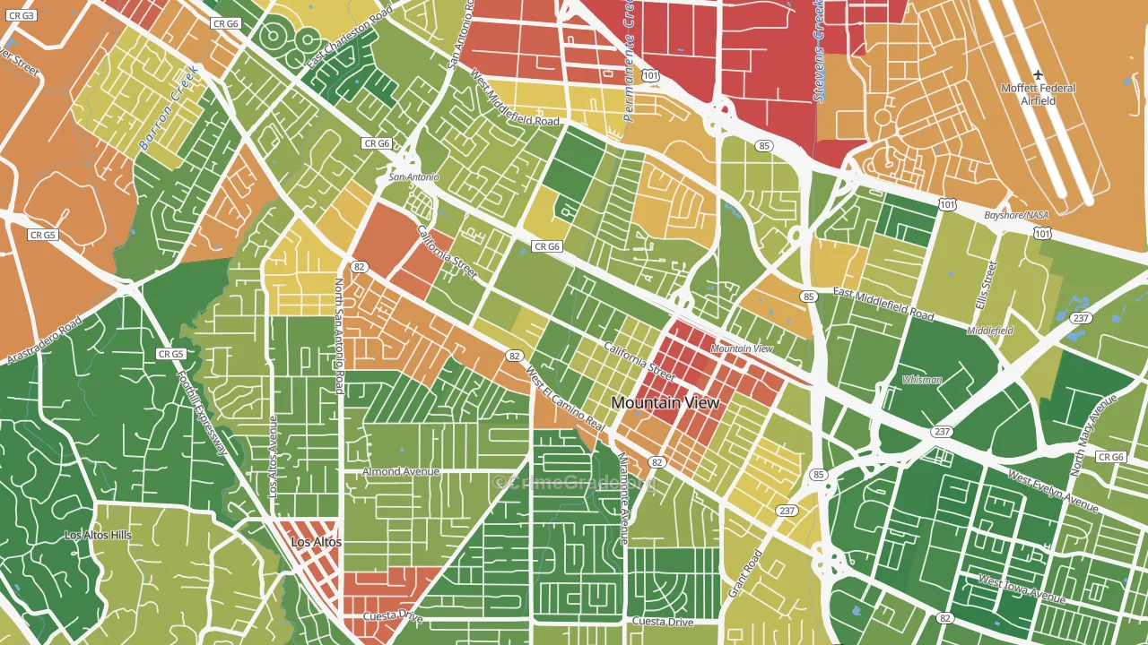 Shoreline West, Mountain View, CA Map of Vandalism Rates